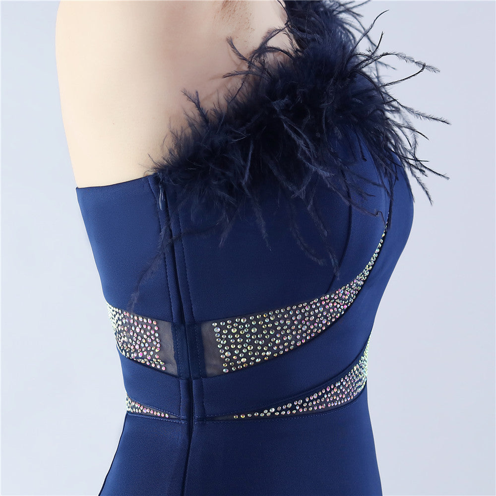 Fur Rhinestone Formal Dress