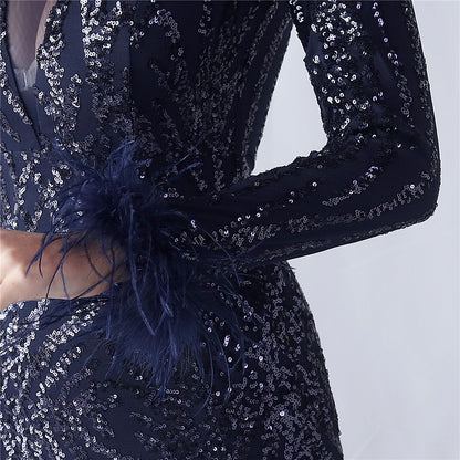 Ostrich Fur Mesh Beaded Formal Dresses