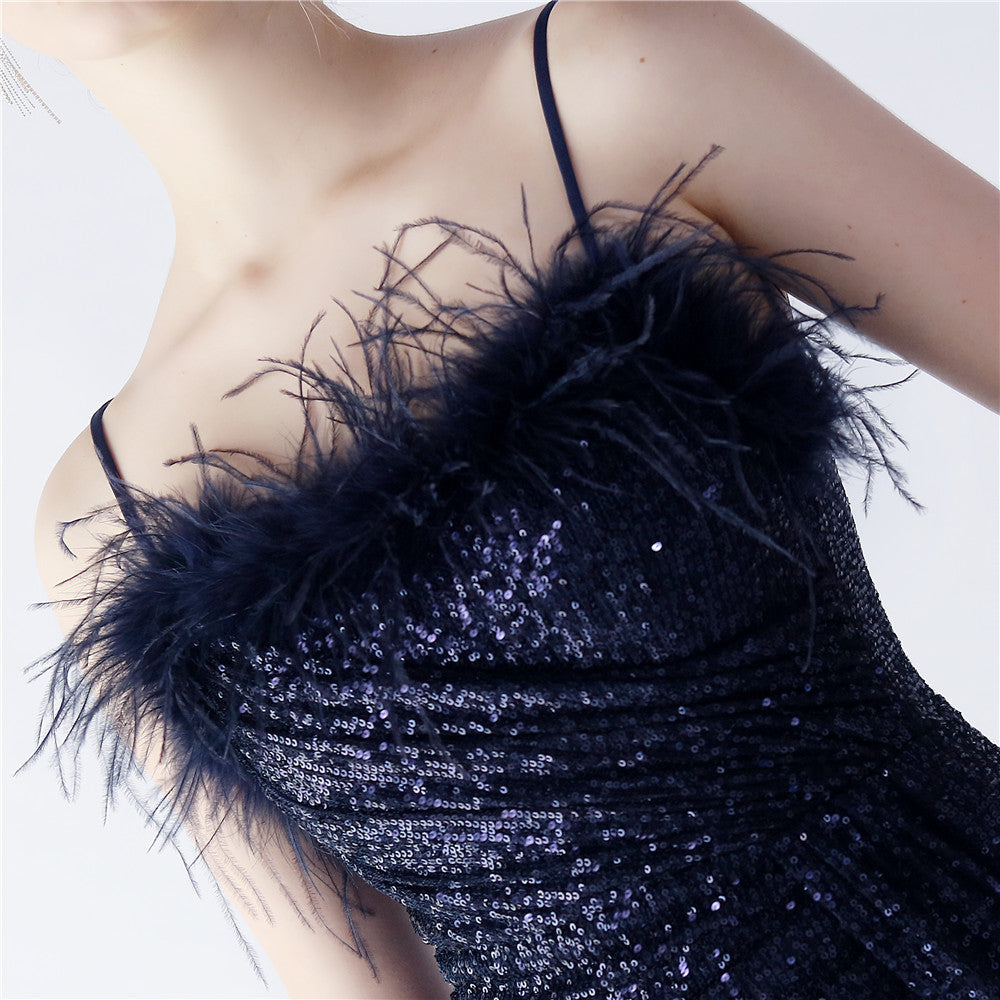 Ostrich Beaded Side Split Formal Dress