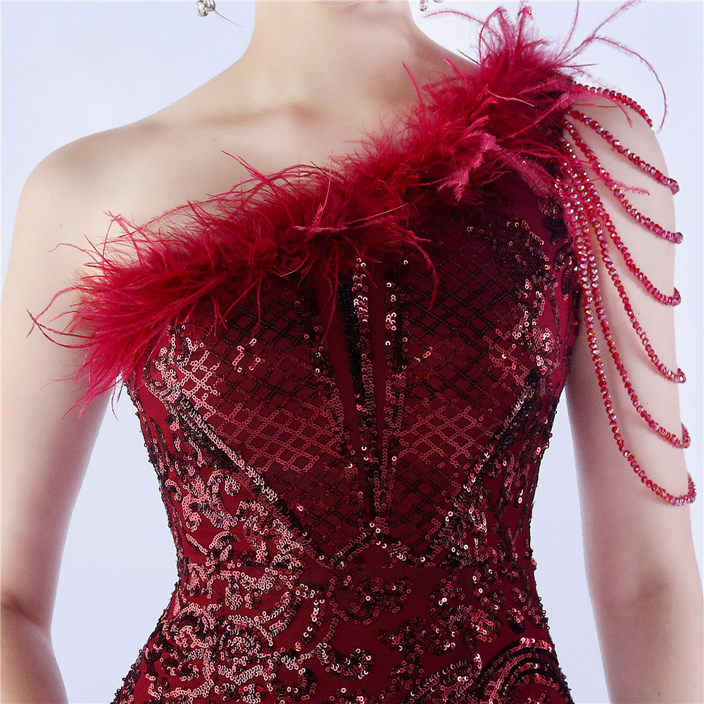 Beaded and Ostrich Fur Sequined Formal Dress