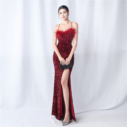 Velvet-backed hand-beaded formal dress