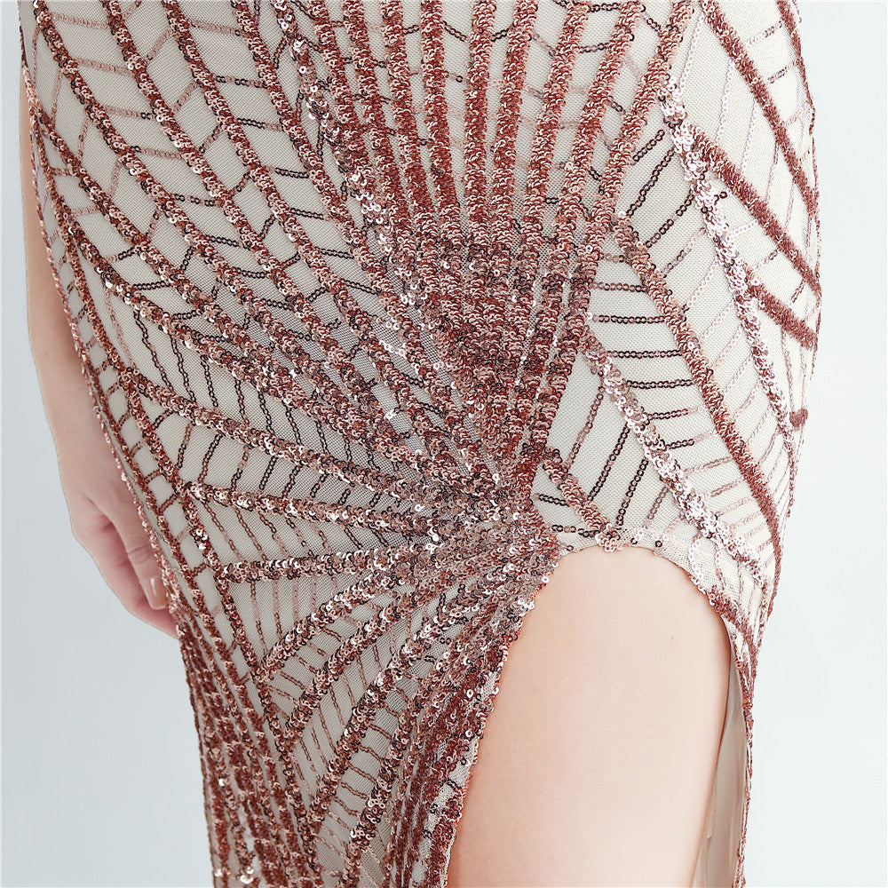 Fur Layered Beaded Formal Dress