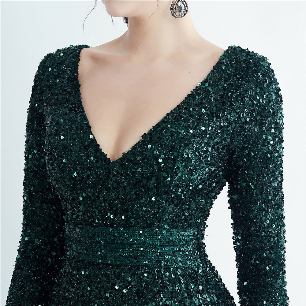 Split Long Sleeve Sequin Formal Dress