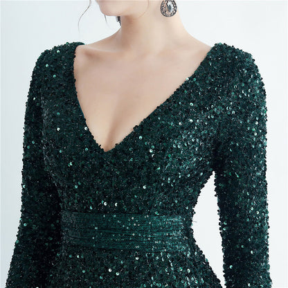 Split Long Sleeve Sequin Formal Dress