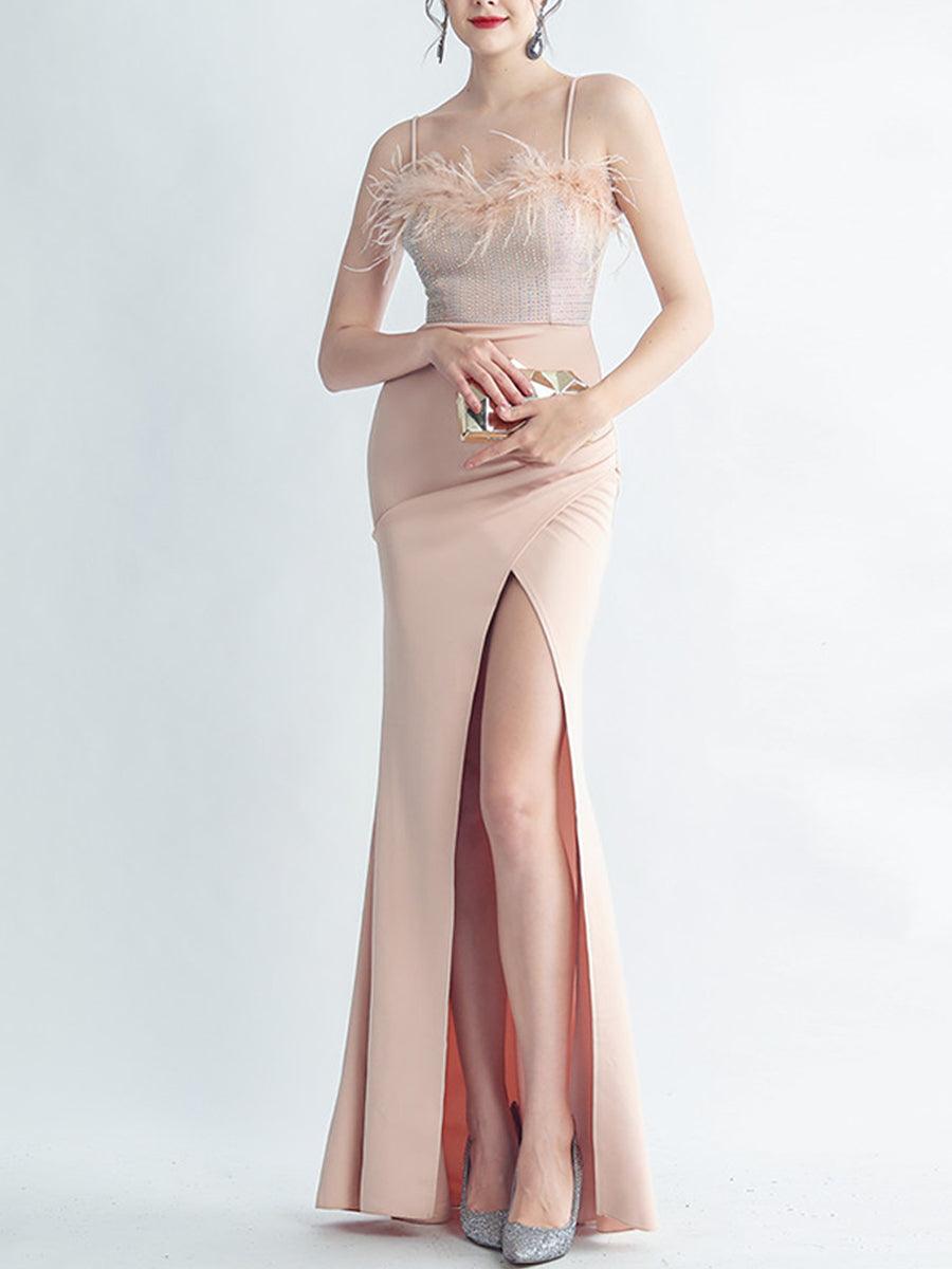 Feather Spaghetti Rhinestone Formal Dress
