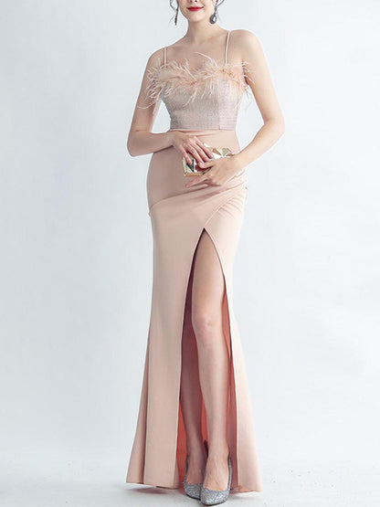 Feather Spaghetti Rhinestone Formal Dress