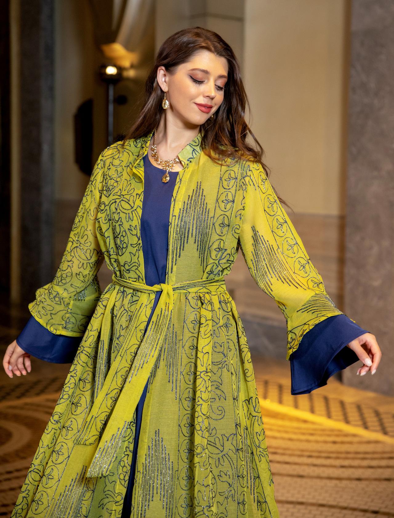 2 Pcs Suit Middle East Evening Dress Cross-border Muslim Lady Lotus Leaf Sleeve New Dress Abaya Robe