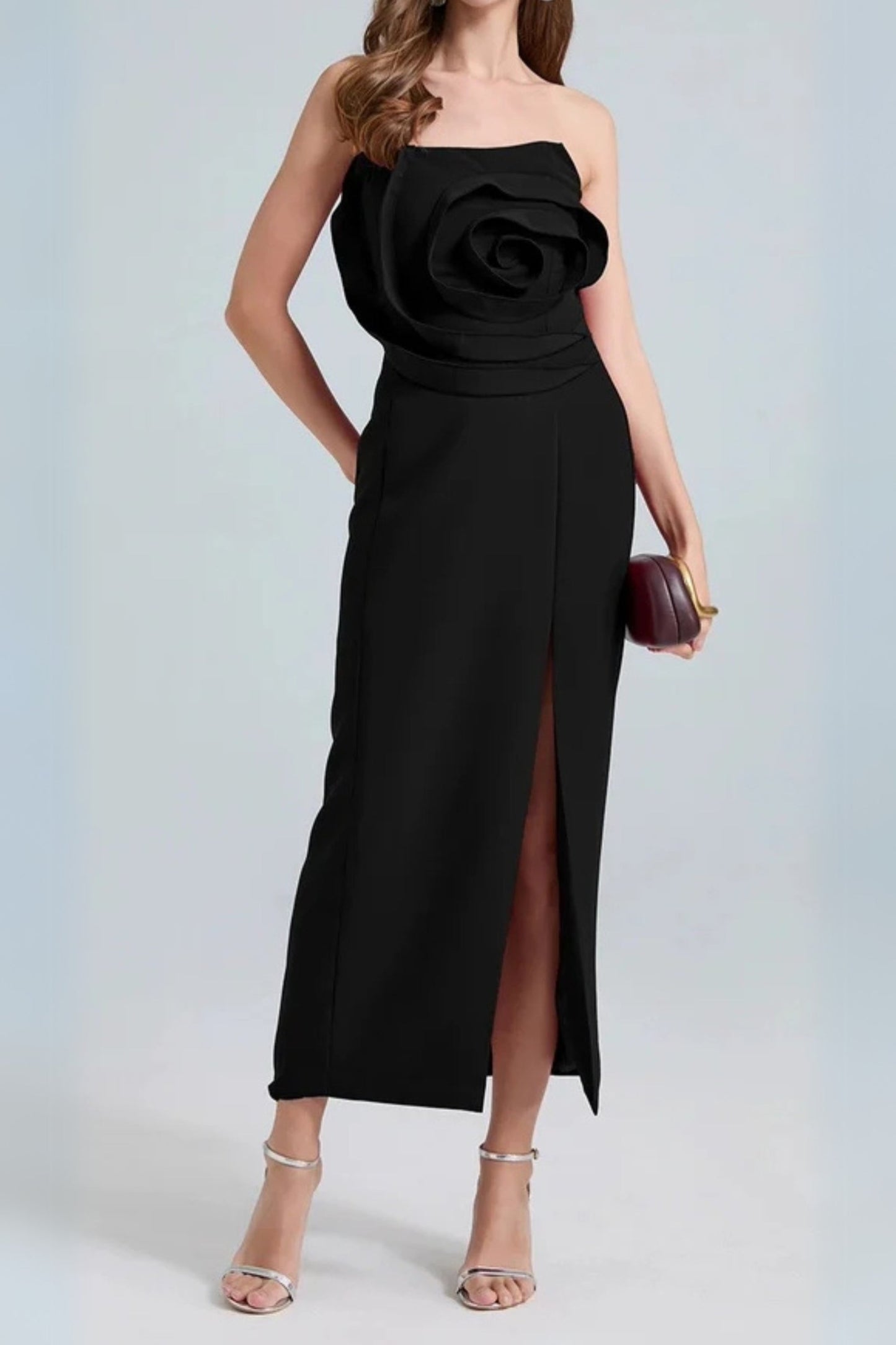 michelle 3d flower strapless midi dress in black