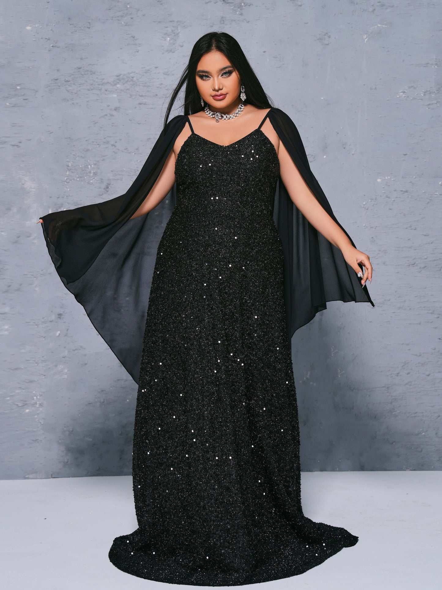 Plus Cape Spaghetti Strap Sequin Dress