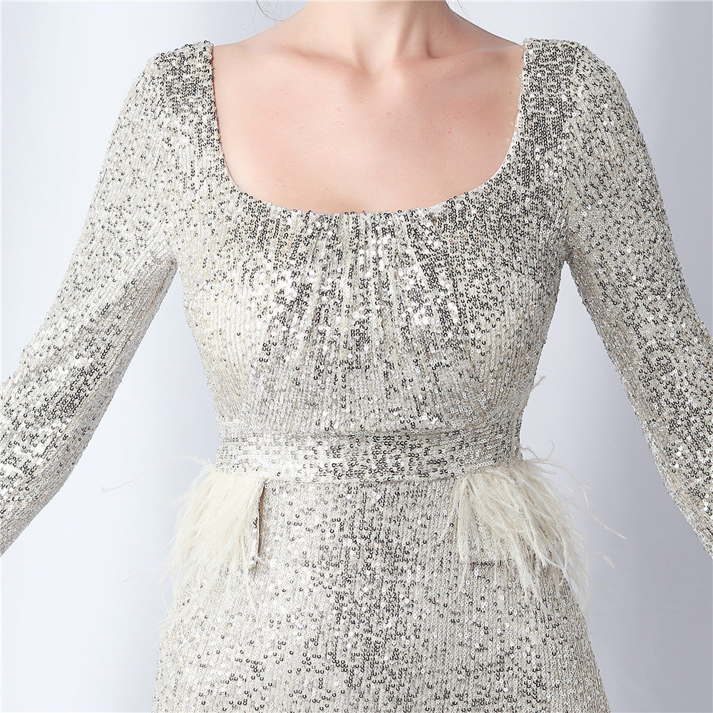Ostrich Fur Long Sleeve Formal Dress