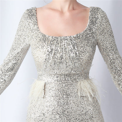 Ostrich Fur Long Sleeve Formal Dress