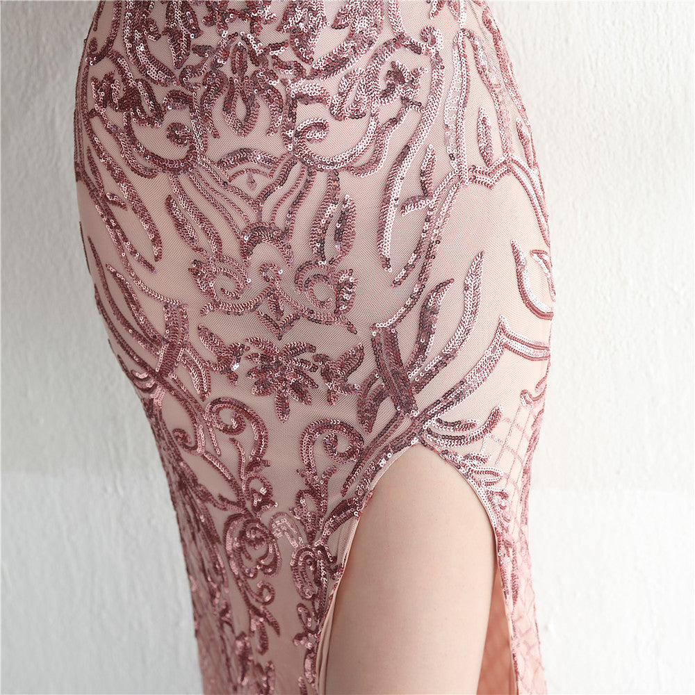 Positioned Floral Beaded Formal Dress