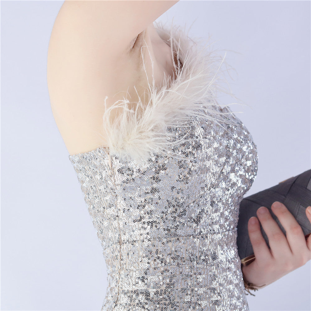 Ostrich Fur One-Shoulder Slant Neck Beaded Maxi Formal Dress