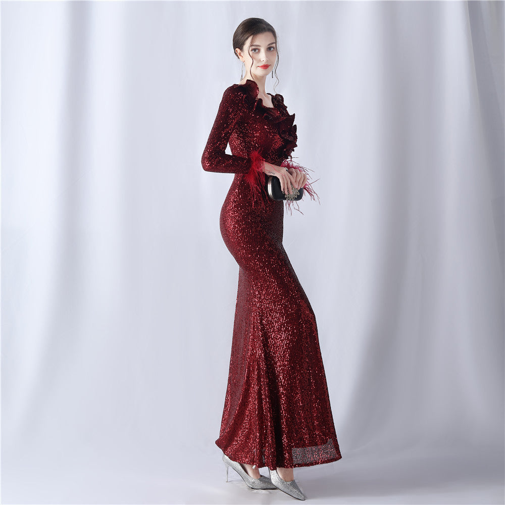 Ostrich Wave Beaded Formal Dress
