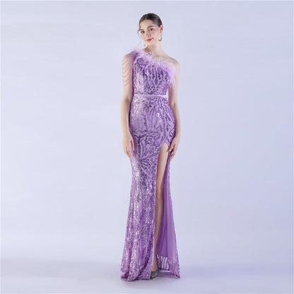 Fur Slant Neck One Shoulder Formal Dress