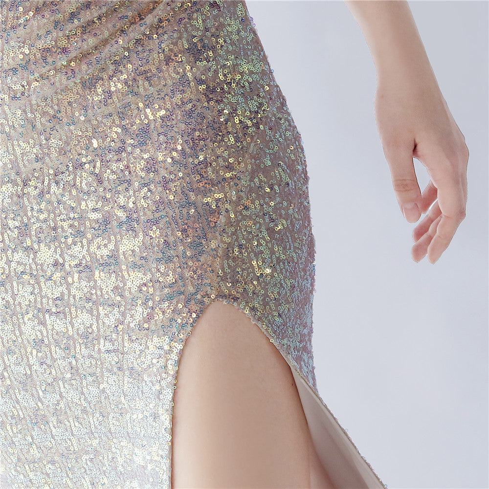 Fur Sequin One Shoulder Formal Dress