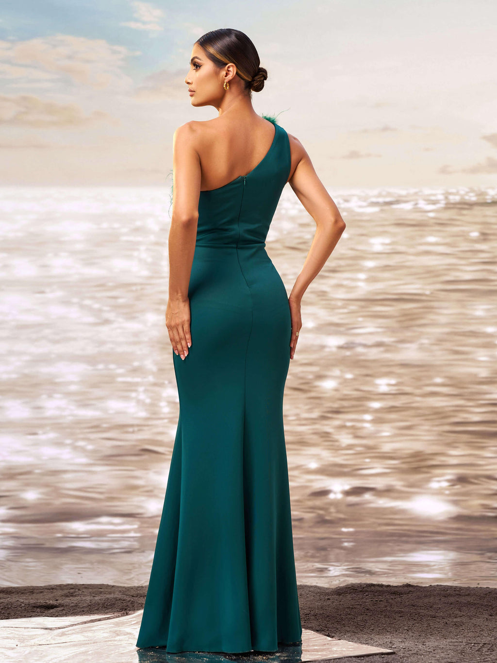 One Shoulder Feather Cutout Formal Dress