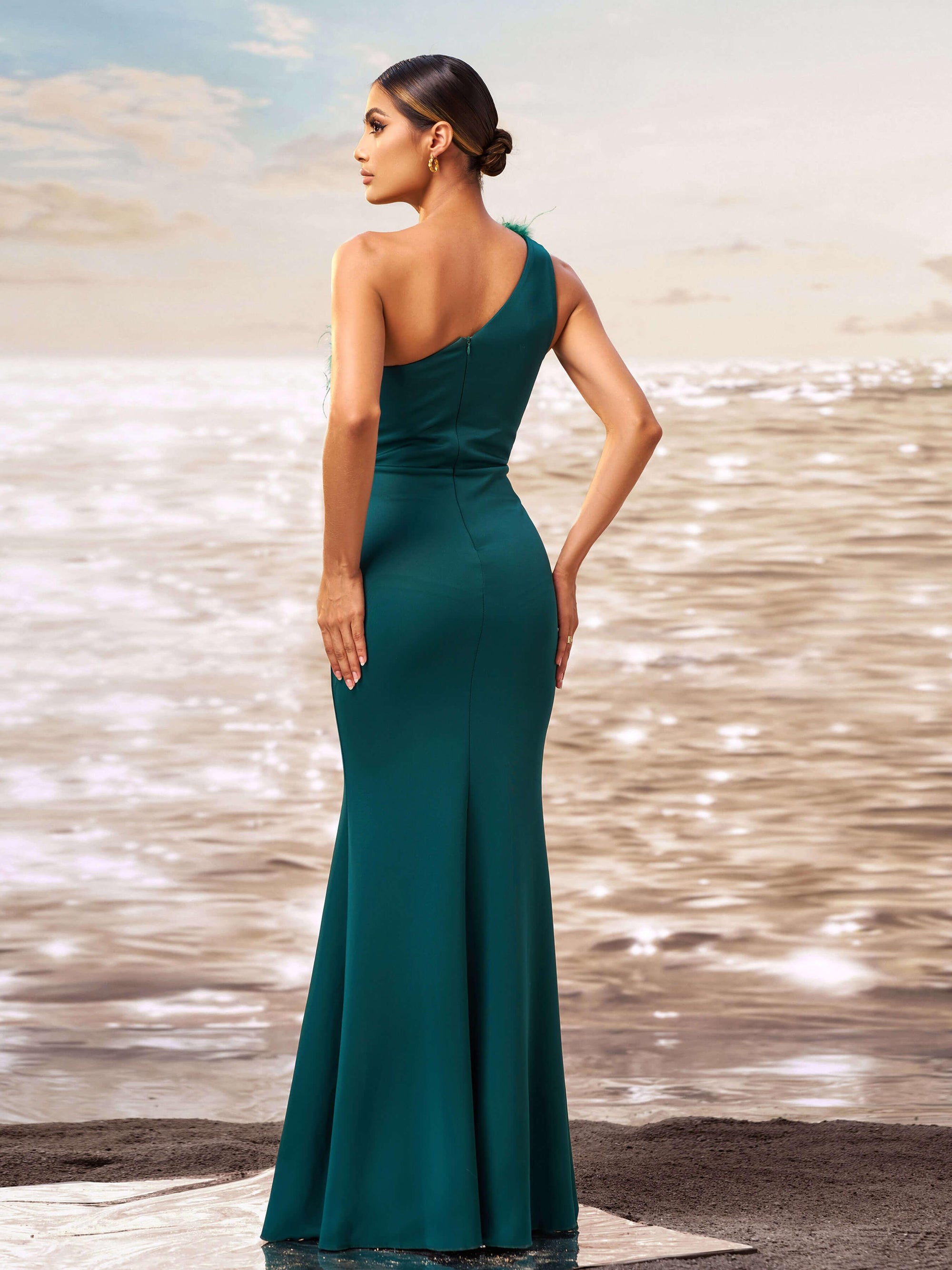 One Shoulder Feather Cutout Formal Dress