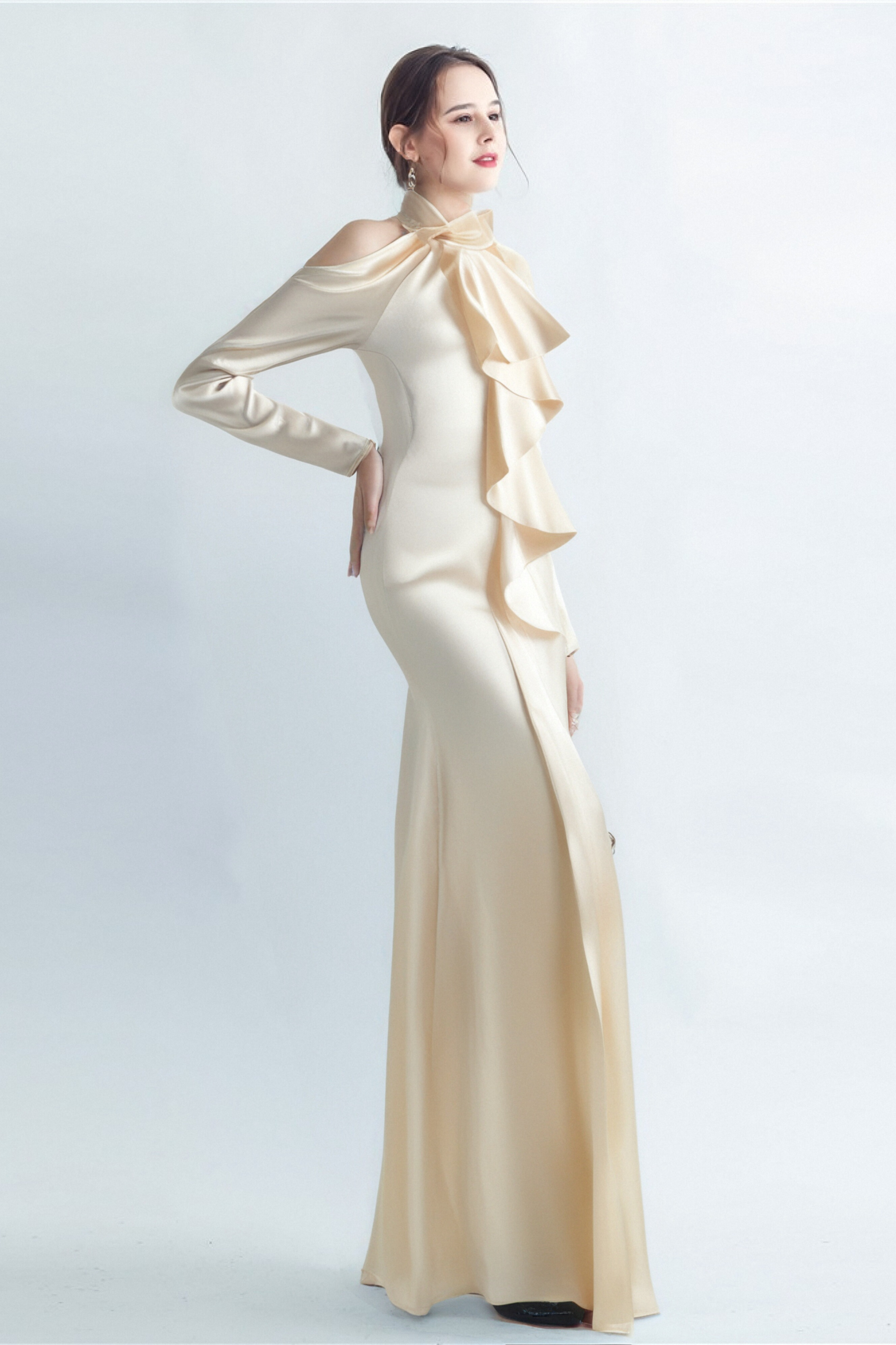 RAE CHAMPAGNE ONE-SHOULDER RUFFLE EMBELLISHED MAXI DRESS