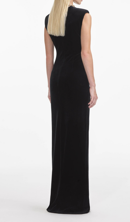velvet crystal embellished maxi dress in black