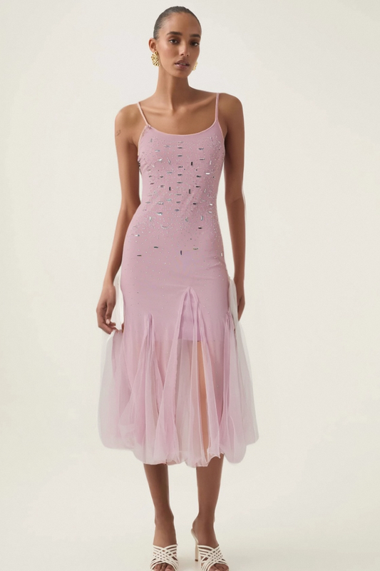 Axelle purple embellished mesh midi dress