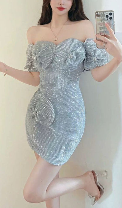 SPARKLING ONE-SHOULDER STRAPLESS MINI DRESS