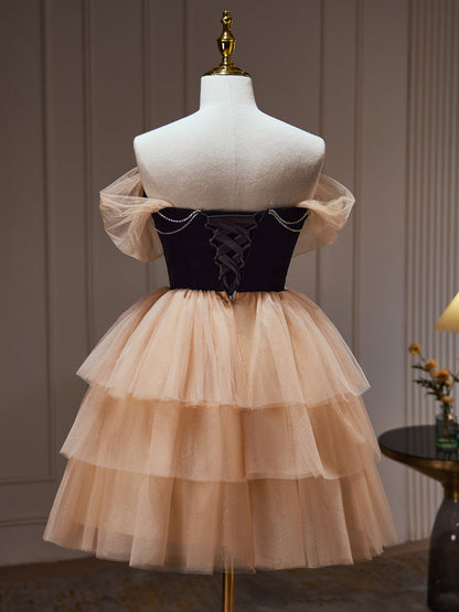 A-Line Tulle Champagne mini Prom Dress