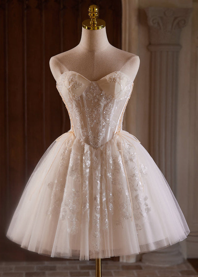 A-Line Tulle Lace Champagne mini Prom Dress