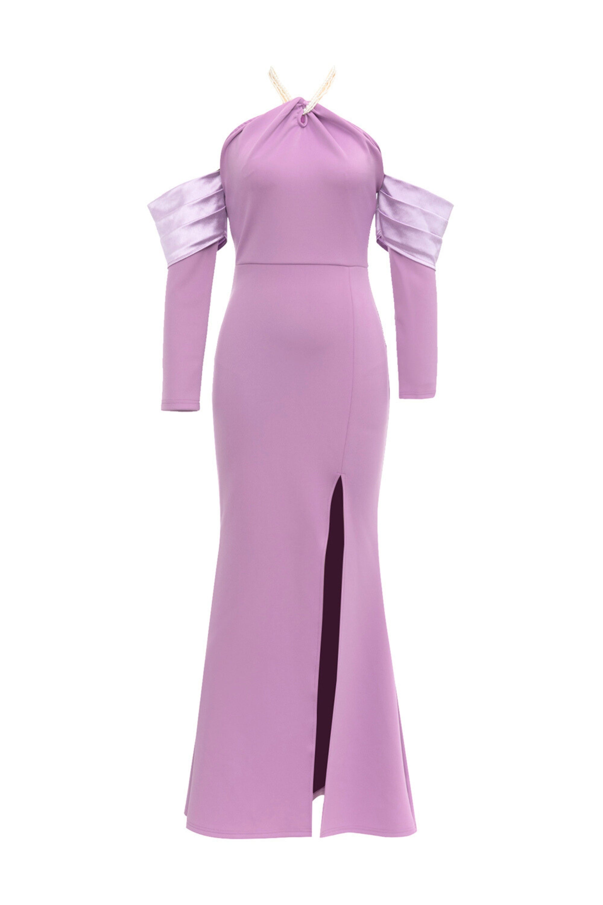 Pearl halter split maxi dress in purple