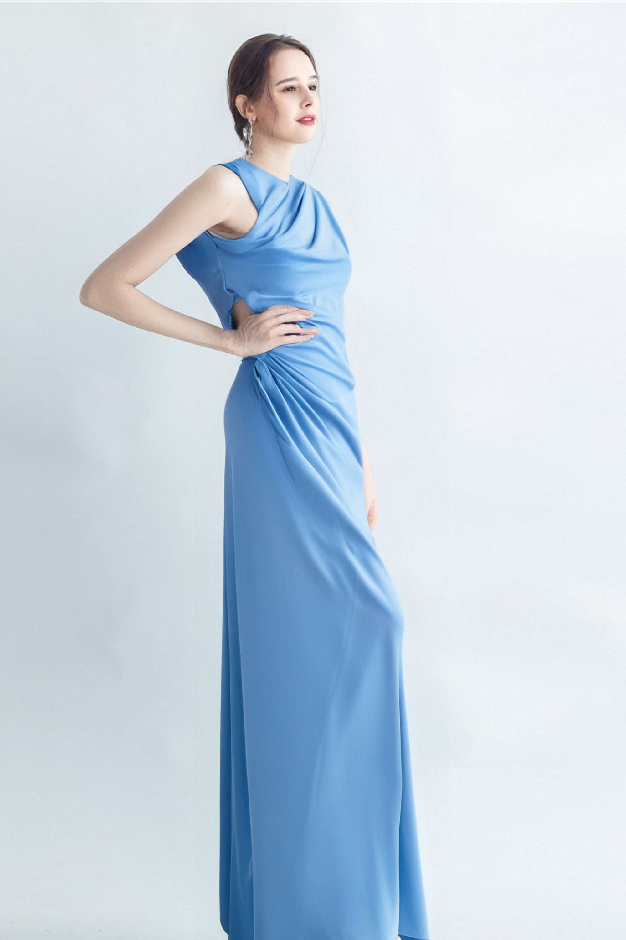 CASI SIDE-SLIT DRAPED JERSEY GOWN IN BLUE