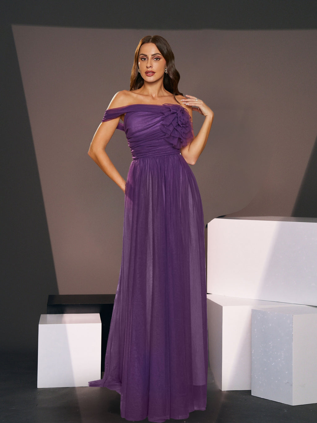 Off Shoulder Pleated A-Line Purple Tulle Bridesmaid Dress