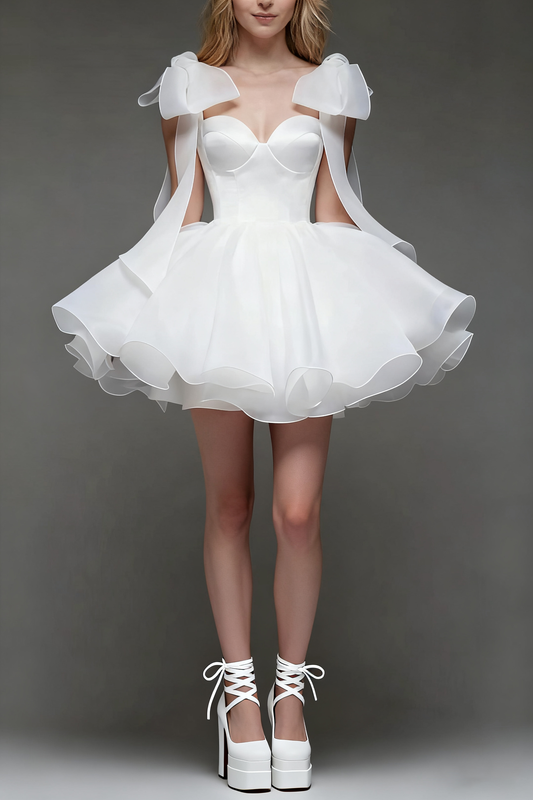 WHITE BOW SHOULDER MINI DRESS