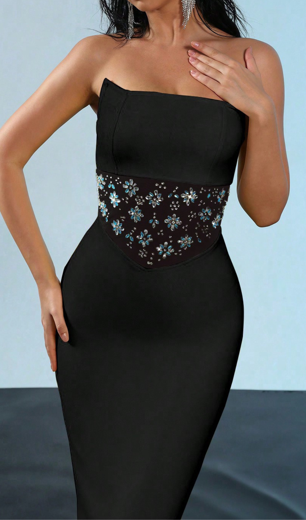 mesh splice rhinestone decor black maxi bandage dress