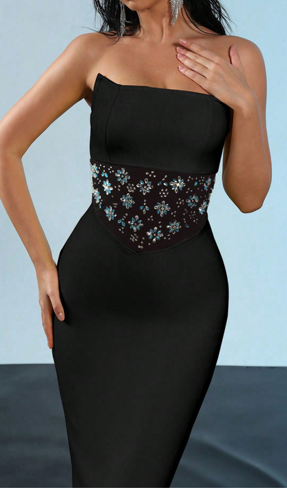 mesh splice rhinestone decor black maxi bandage dress