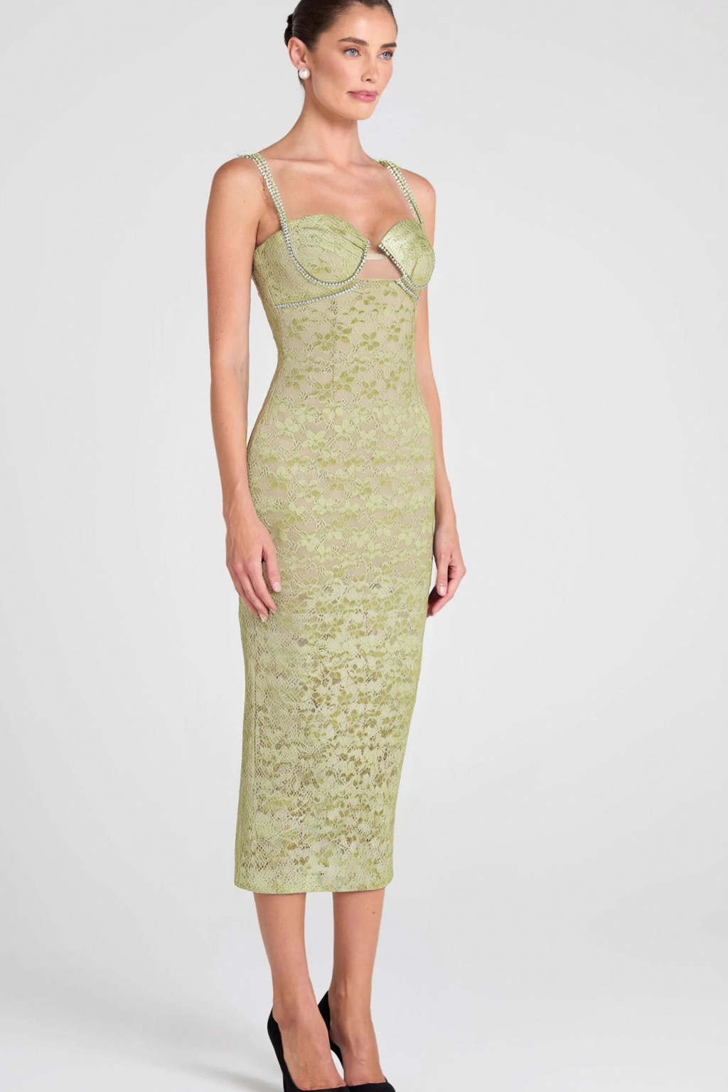 LACE FLORAL CRYSTAL CHAIN BUSTIER MIDI DRESS