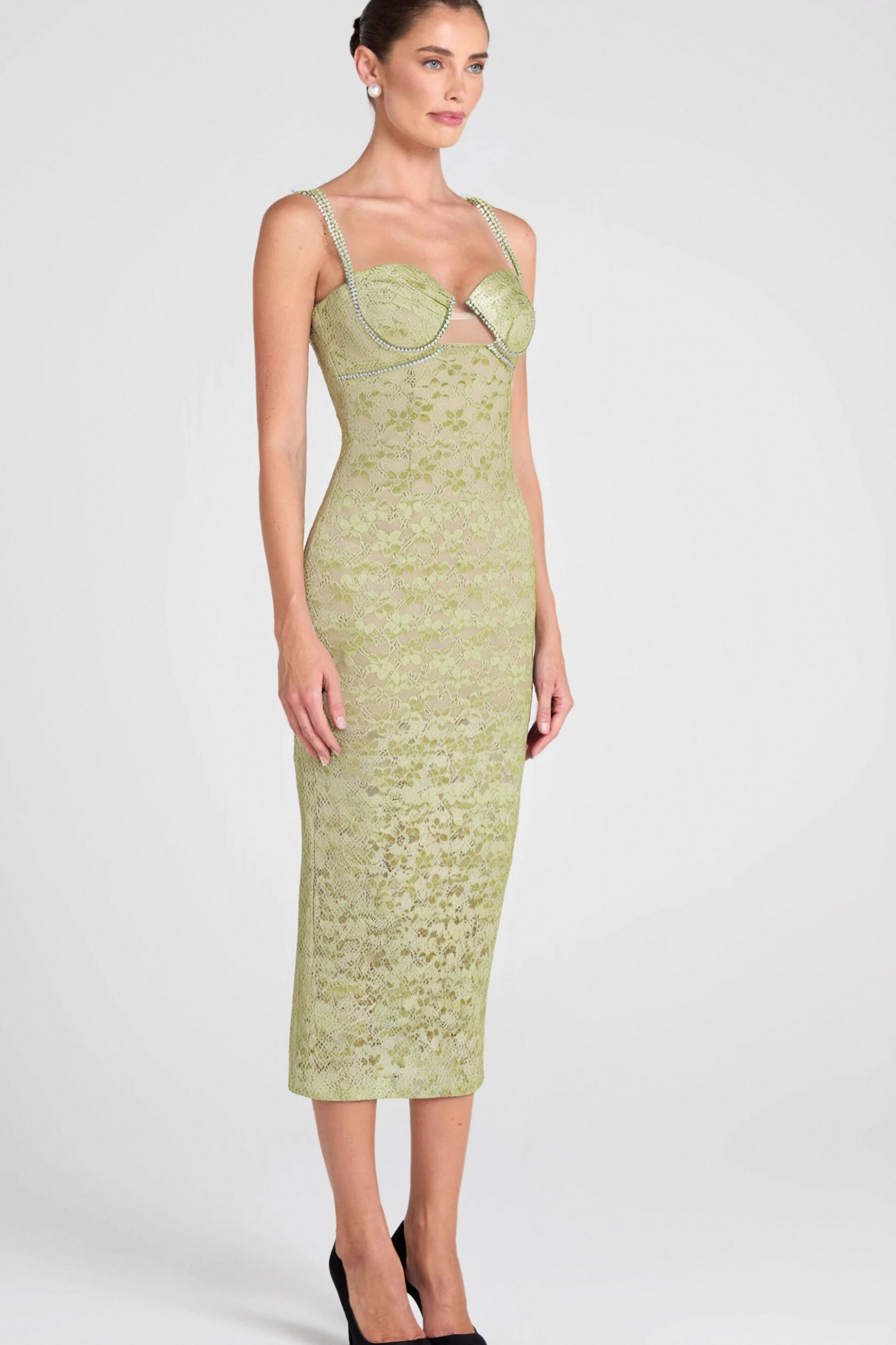 LACE FLORAL CRYSTAL CHAIN BUSTIER MIDI DRESS