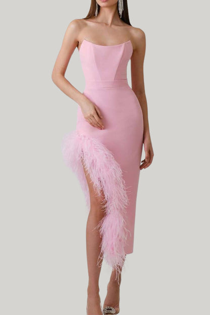 FEATHER TRIM SPLIT MIDI DRESS IN BUBBLEGUM