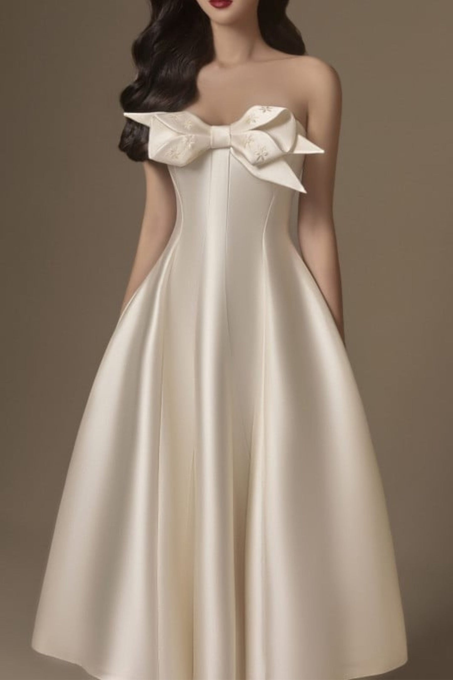BEIGE FLARED SEMI-HEART NECK TAFFETA MIDI DRESS