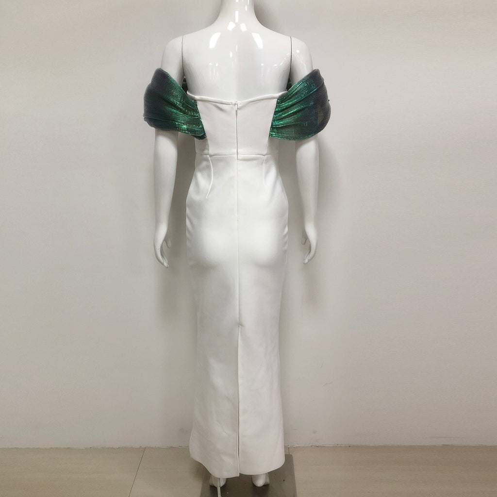 Off-Shoulder pearl embellished bodycon maxi dress in green