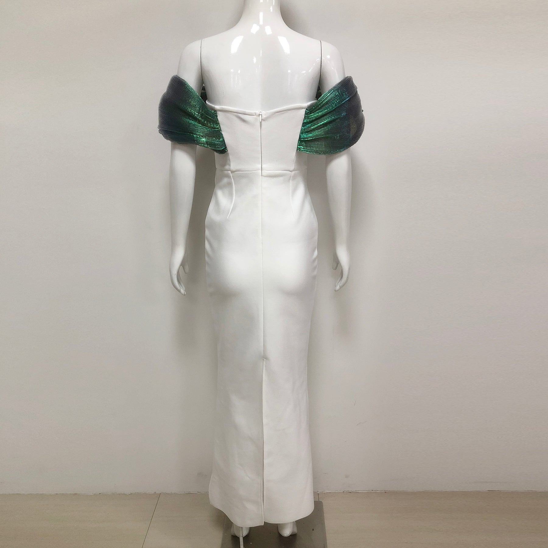 Off-Shoulder pearl embellished bodycon maxi dress in green