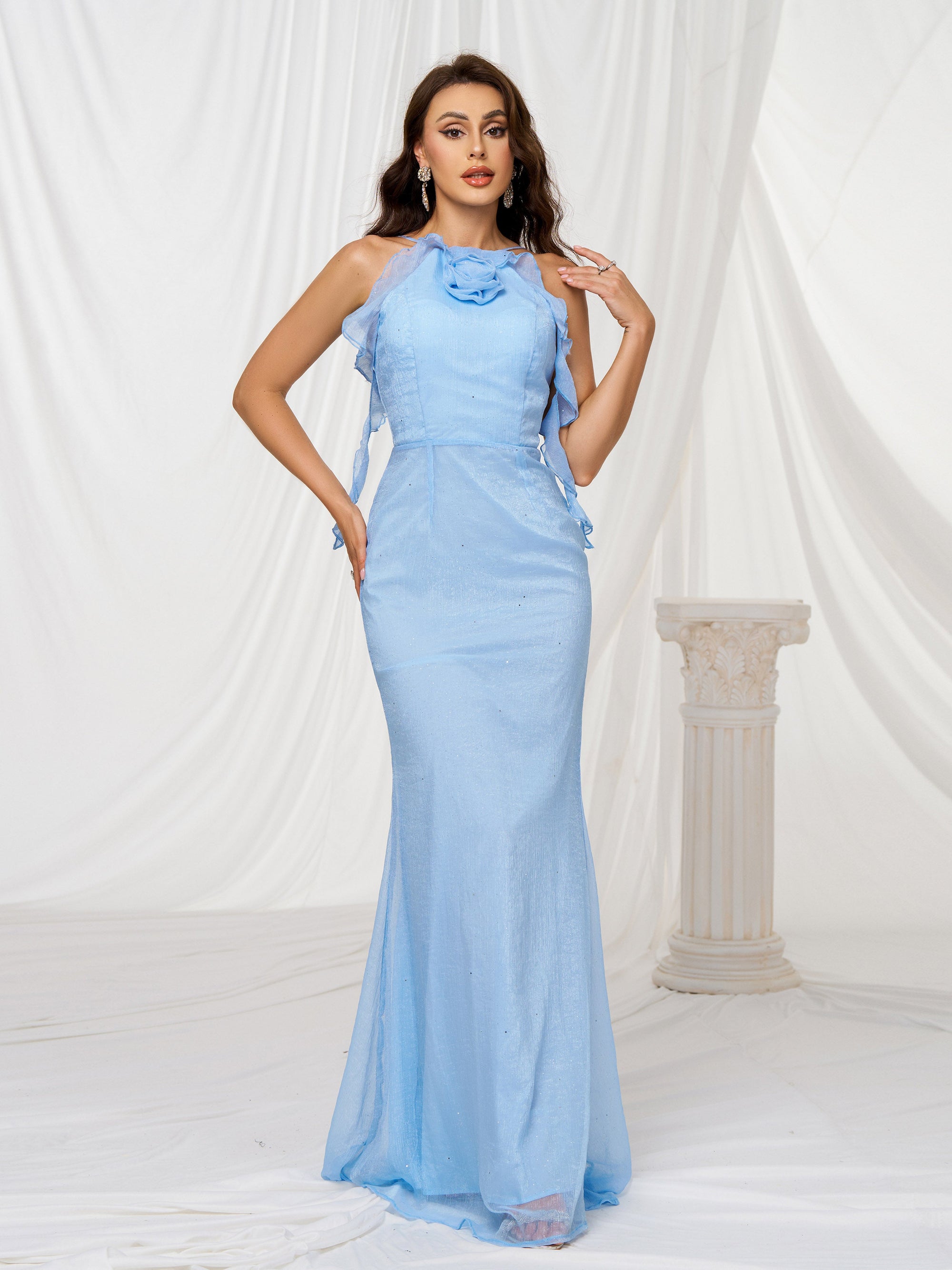 Halter Appliqued Mermaid Blue Tulle Dress