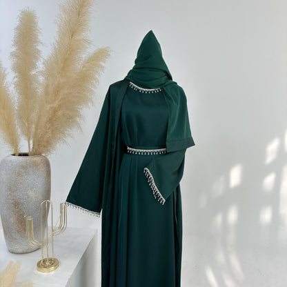 4pcs Set Cardigan+without  Sleeves Inner Dress+Crystal Chain+Hijab