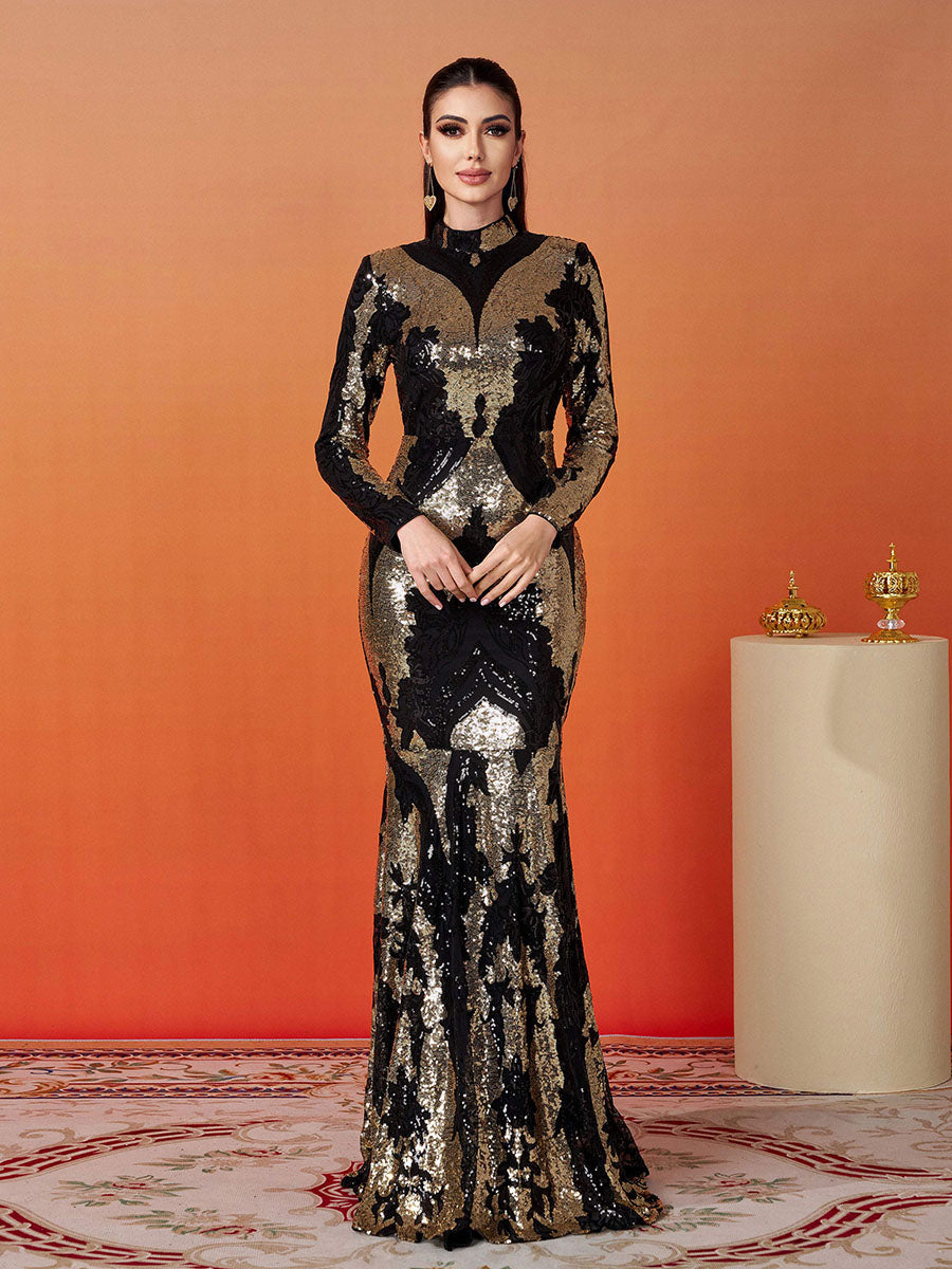 スタンドカラーのスパンコール付きプロムドレス