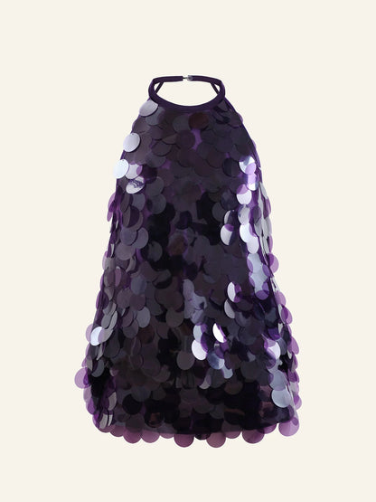 mini abito shirley con paillettes e schiena scoperta in viola