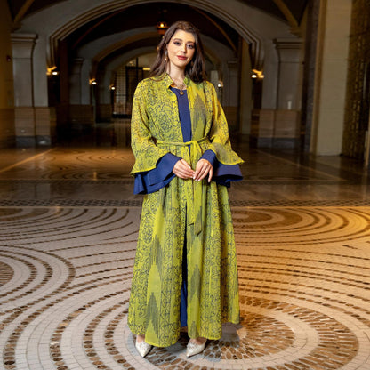 2 Pcs Suit Middle East Evening Dress Cross-border Muslim Lady Lotus Leaf Sleeve New Dress Abaya Robe