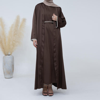 4pcs Set Cardigan+without  Sleeves Inner Dress+Crystal Chain+Hijab