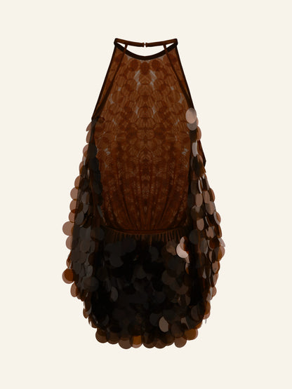 mini abito shirley con paillettes e schiena scoperta, marrone