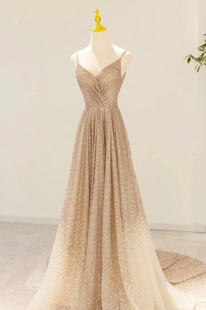 Gold V-Neck Sequins Prom Dress