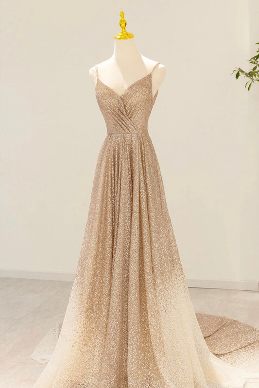 Gold V-Neck Sequins Prom Dress