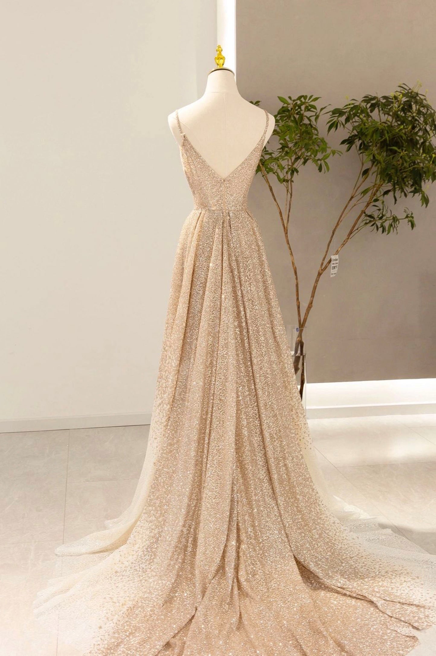 Gold V-Neck Sequins Prom Dress